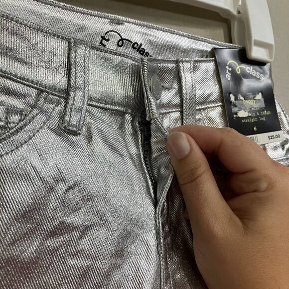 Art Class Girls' Silver High-Rise Baggy Metallic Denim Jeans Pants Button Fly - Picture 6 of 16